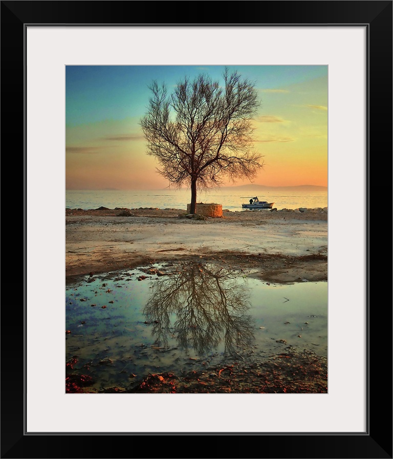 After rain fisherman sailing out of port with lone tree reflection in water.