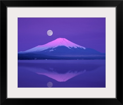 Mt. Fuji below full moon,  Yamanashi Prefecture,  Japan