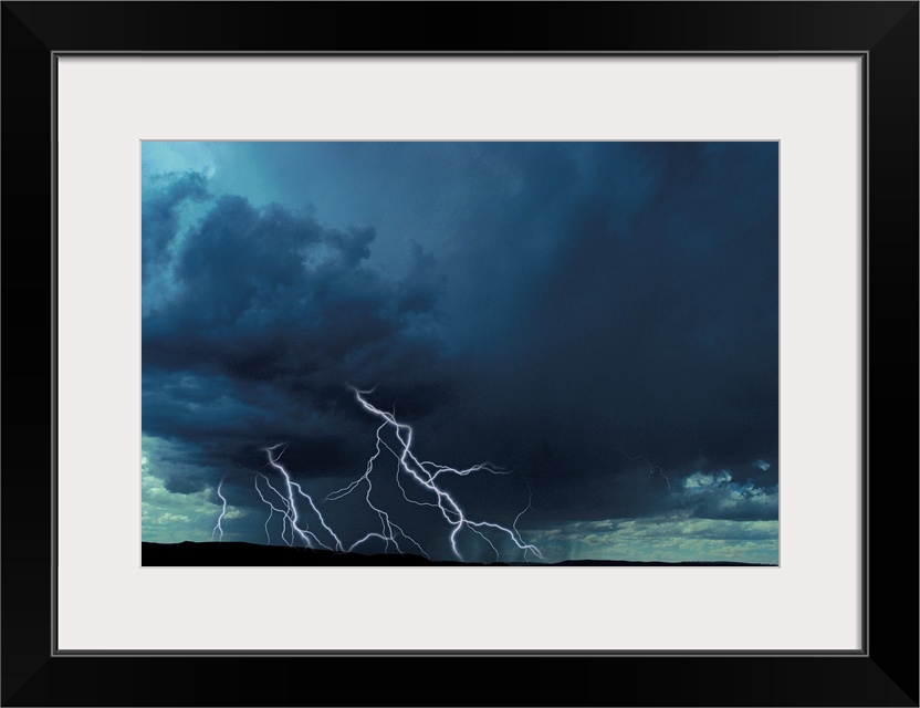 Multiple lightning bolts over rural landscape