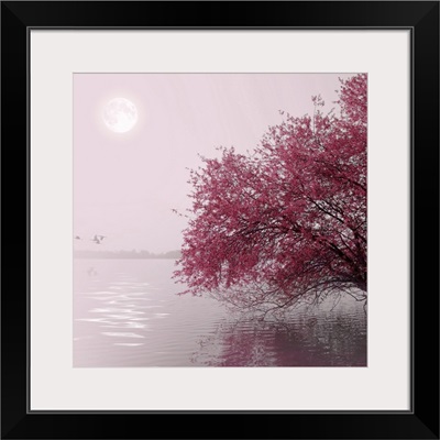 Nature and landscape. Red tree on a lake. Moon in the distance.