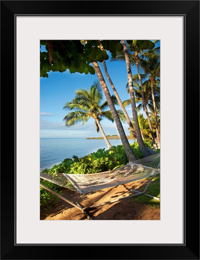 Palm trees near Kaunakakai, fronting Hotel Molokai with hammock in foreground, Molokai, Hawaii