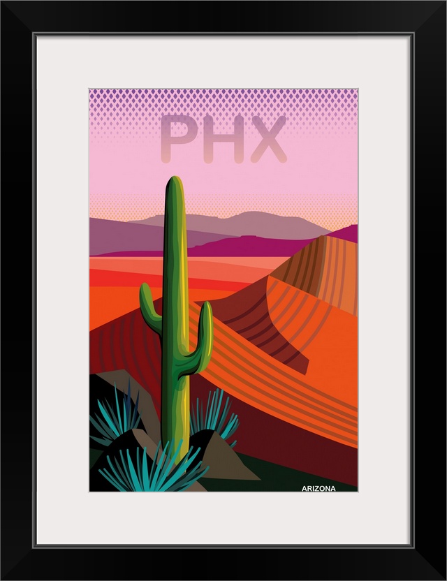 Contemporary poster, simple graphic expression of desert landscape in warm red, pink and purple with saguaro cactus in for...