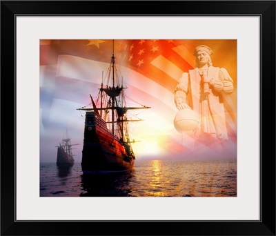 Sailing ships, statue of Christopher Columbus and American flag