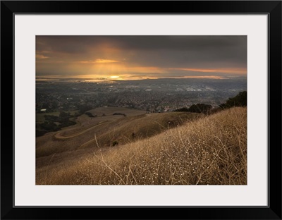 San Francisco Bay under golden sunset from Mission Peak, Fremont, California.