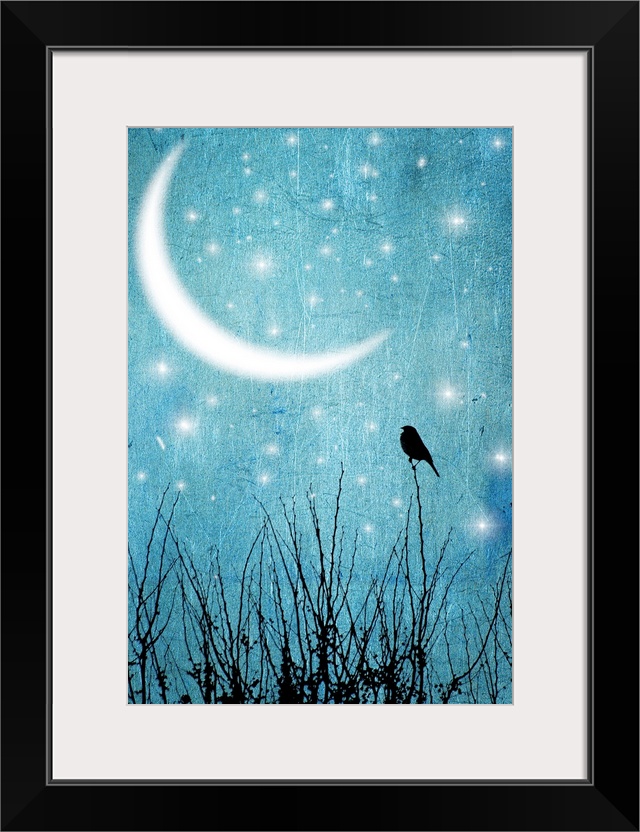 Vertical artwork on a large wall hanging of a lone, silhouetted bird, perched on a thin branch in the foreground, the back...