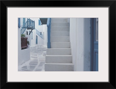Stairs on side of building, Mikonos, Greece