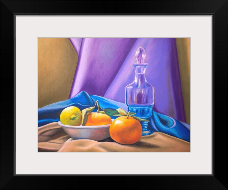 Still life with lemon, tangerines, and some colorful drapery.