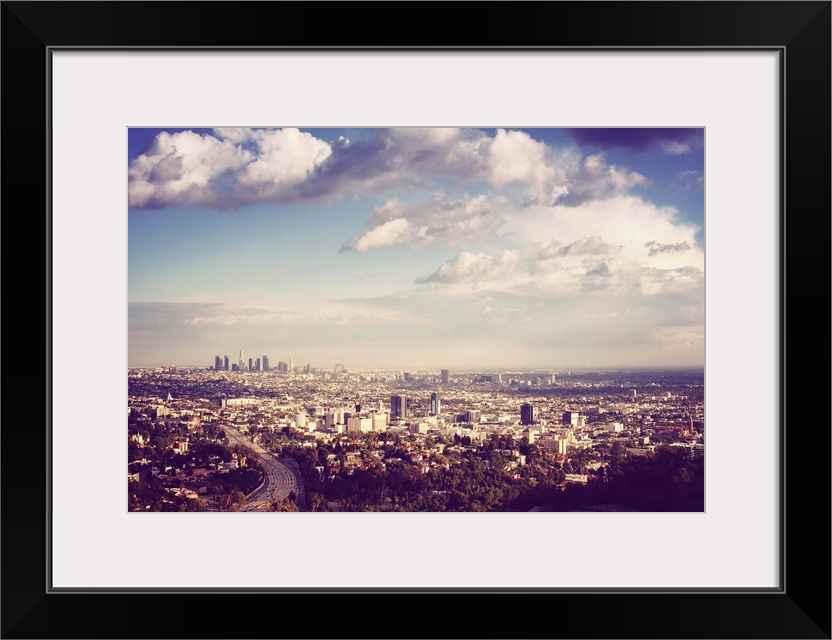 Hollywood bowl overlook, hhollywood in foreground and downtown Los Angeles in back.