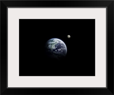 The earth and the moon, computer graphic, black background