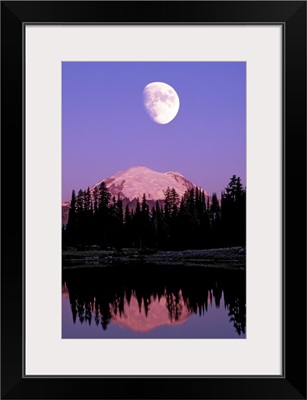 Tipsoo Lake and full moon at Mount Rainier National Park, Washington