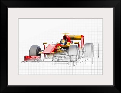 Unfinished drawing of red race car with driver