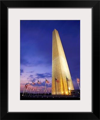 USA, Washington DC, Washington Monument at dusk, low angle view