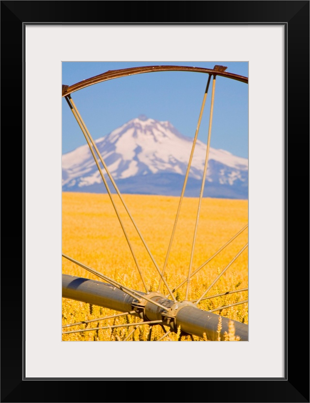 View of Mount Hood through farming equipment, Oregon, USA