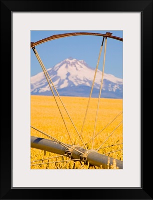 View of Mount Hood through farming equipment, Oregon, USA