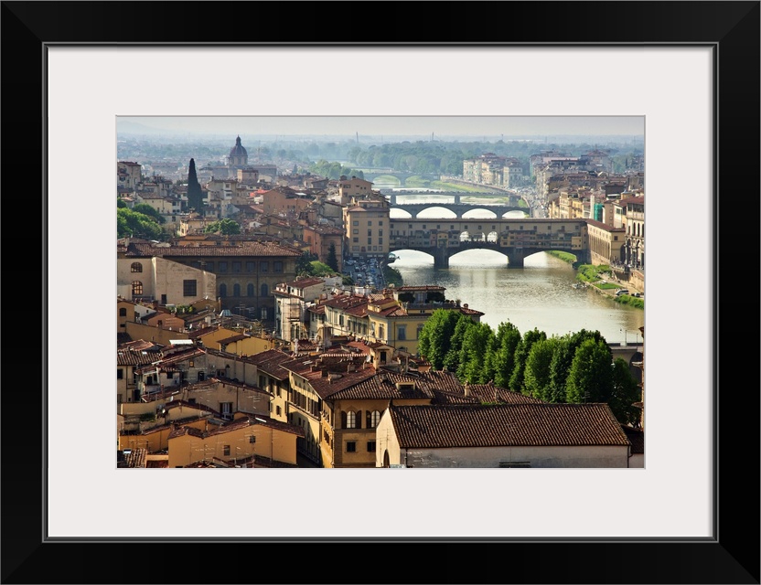 View of the historic center including river Arno and Ponte Vechio from Piazzale Michelangelo in nearby hill Italy, Tuscany...