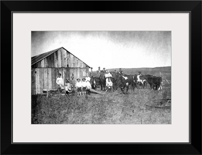 Vintage image of people and livestock on farm
