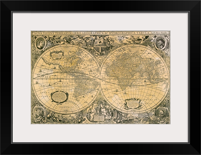 An antique map that displays faded text and decorative drawings on the outside of two circles representing the two sides o...