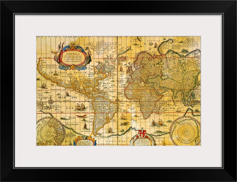 Photograph of an antique map of the world portraying the continents with latitude and longitude lines and symbols depictin...