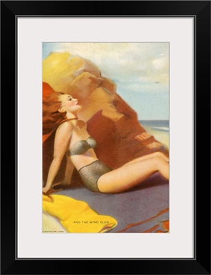 Woman In Bikini Sitting On Windy Beach