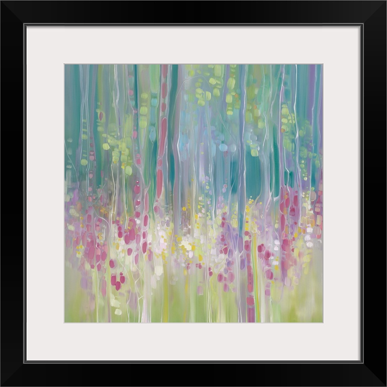 Watercolor painting of an ethereal field full of flowers next to a forest.