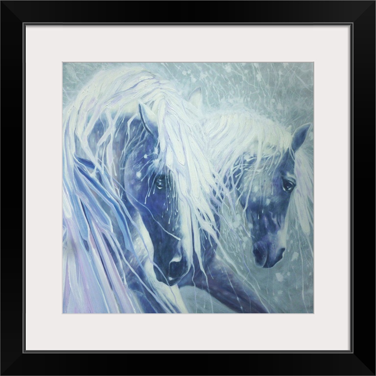 Watercolor painting of a dream-like scene of two horses in shades of blue.