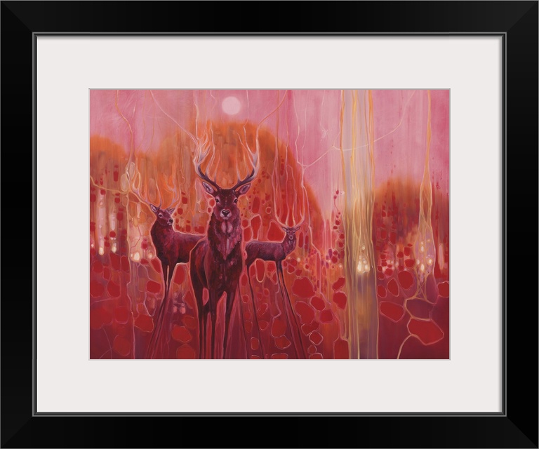 Watercolor painting of deer within a colorful, dream-like forest.
