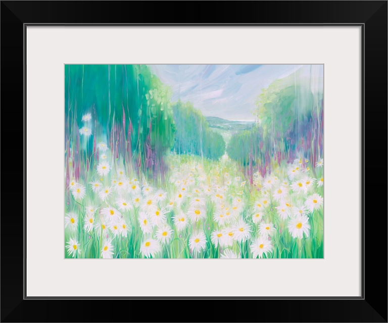 Watercolor painting of a dream-like meadow full of white daises.