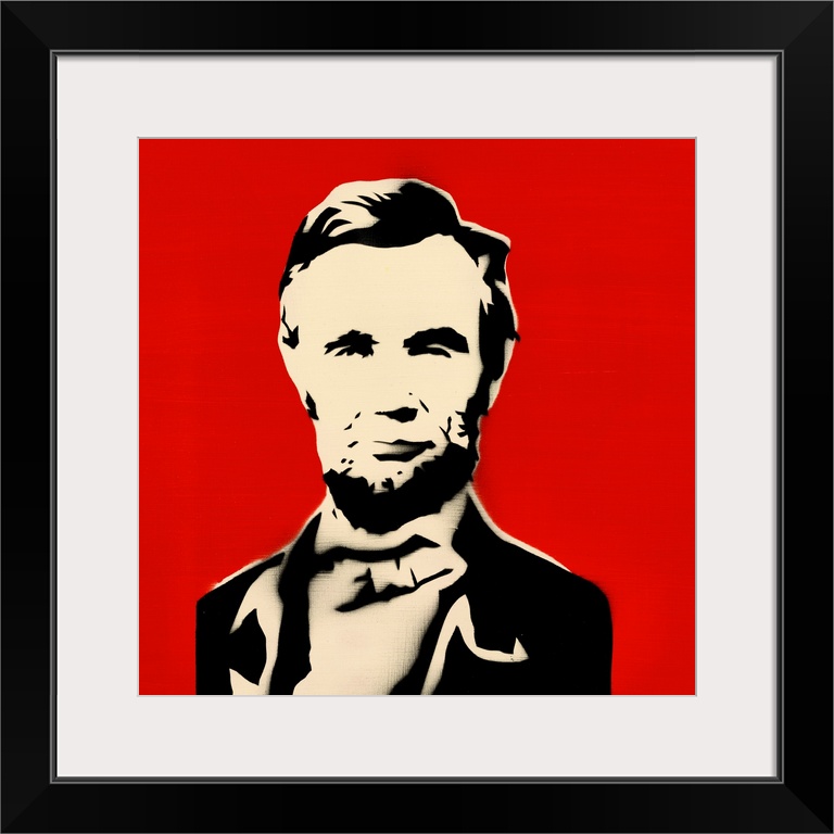 Square spray art of Abraham Lincoln on a bright red background.