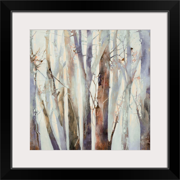 Square abstract painting of cool toned tree trunks in shades of brown, purple, and grey.