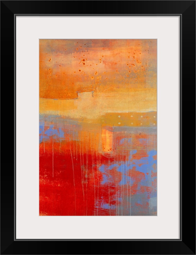 Giant, vertical contemporary painting of a variety of paint textures in sections of various colors, mainly in warmer tones...