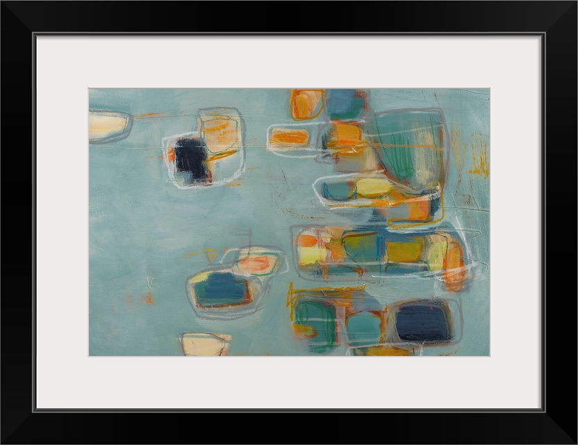 Retro mid-century style abstract painting using soft geometric shapes and muted colors.