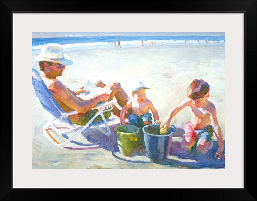 A contemporary painting of a family at the beach, with children playing in the sand.