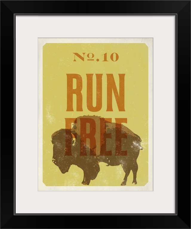 Retro mid-century stylized poster art of a bison against a yellow background.