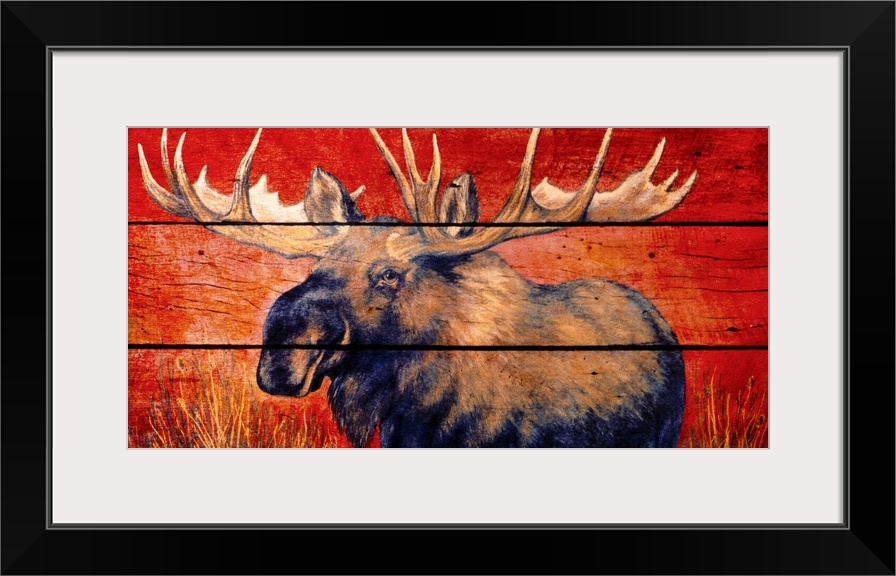 Panoramic wildlife art showcases an illustration of a moose that is separated by three horizontal rectangles.