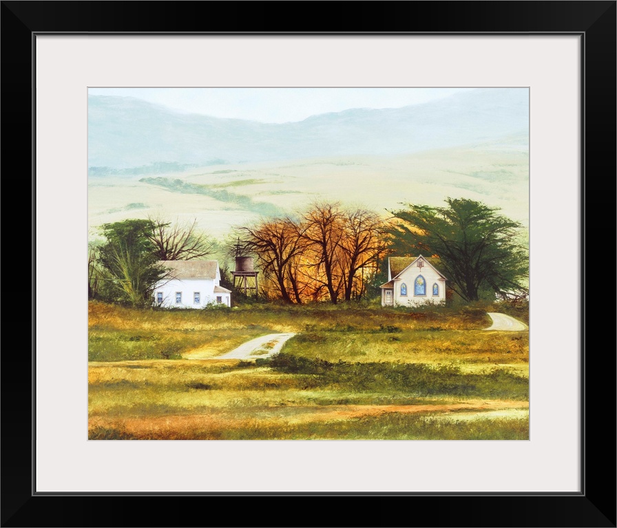 Contemporary landscape painting of a countryside church and house with rolling hills in the background.