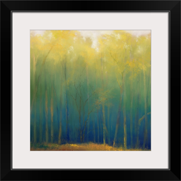 A square contemporary painting of a forest filled with soft light and slender, vertical trees.