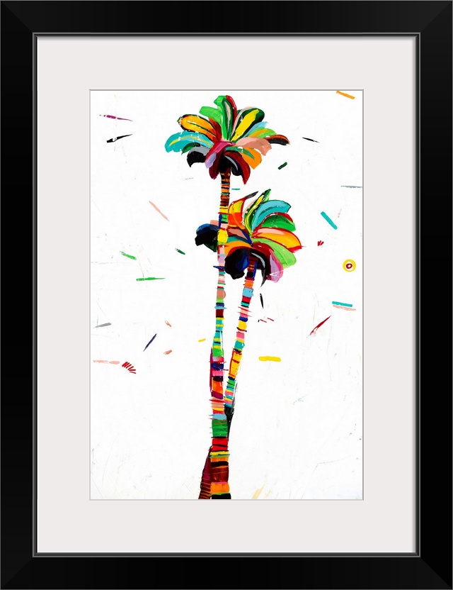 Colorful abstract painting of two palm trees on a white background with a few dashes of color.