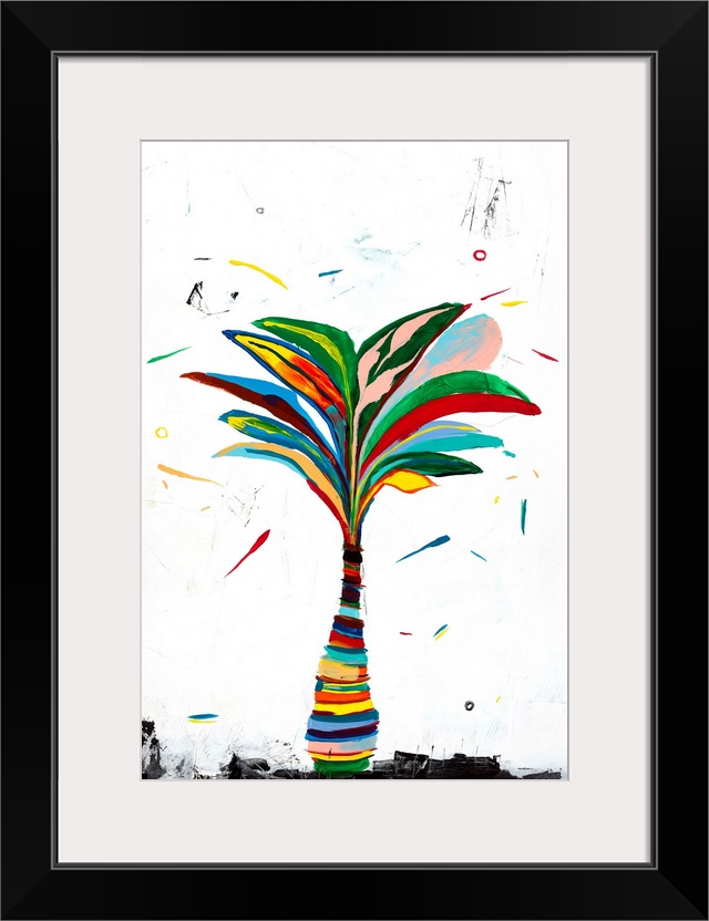 Abstract painting of a colorful palm tree on a white background with dashes of color.