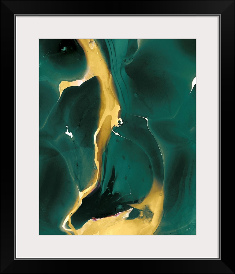 A contemporary abstract painting using dark green tones and hints of golden yellow.