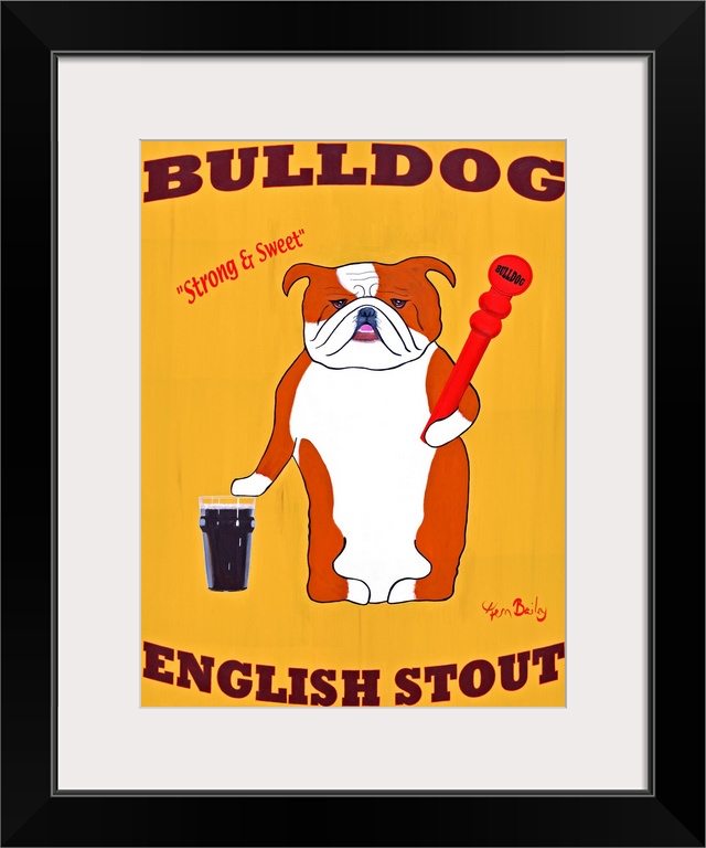 A vertical painting that is inspired by retro advertisements for a stout style beer with a cartoonish dog holding a beer t...