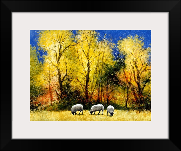 Contemporary painting of three sheep grazing in an Autumn field.