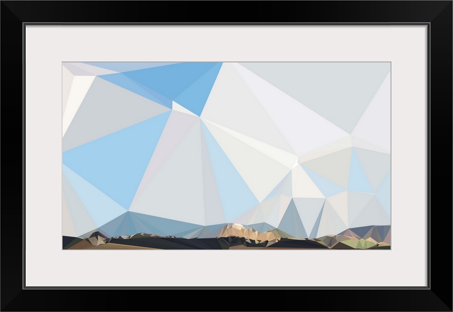 Mountain range under a blue sky made of triangular shapes.