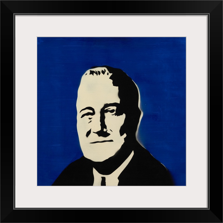 Square spray art of Franklin Roosevelt on a bright blue background.