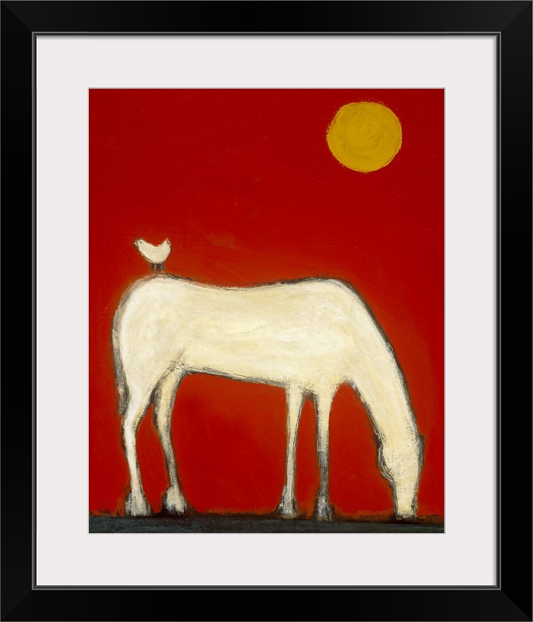 A large vertical contemporary painting of a white horse leaning over to eat with a small white bird standing on it's back.