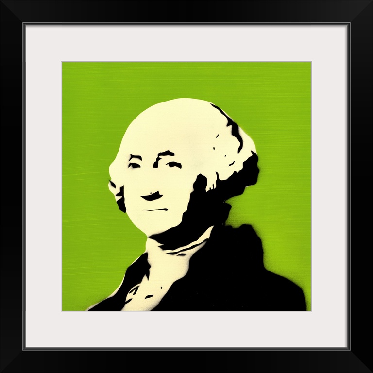 Square spray art of George Washington on a bright green background.