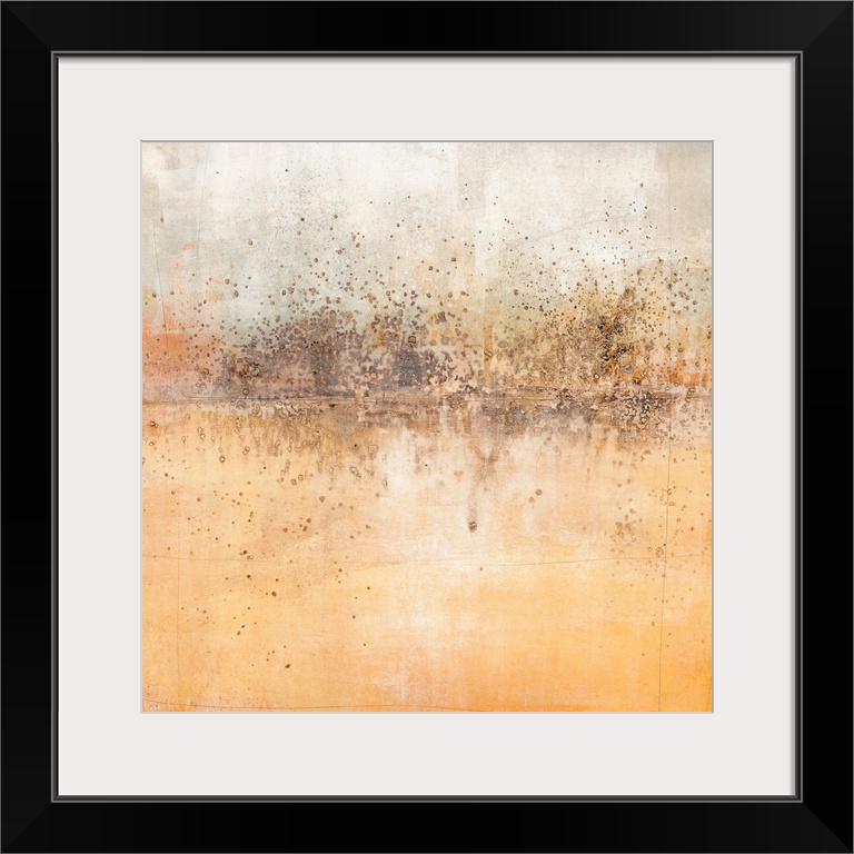 Square abstract painting with a brown paint splattered horizon line and shades of orange, grey, and white throughout.