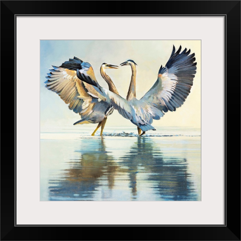 Contemporary painting of two herons with their wings outstretched and reflections in the water.