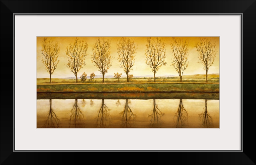 Contemporary art on a landscape canvas of a line of seven trees with nearly bare branches, reflecting in the water in the ...