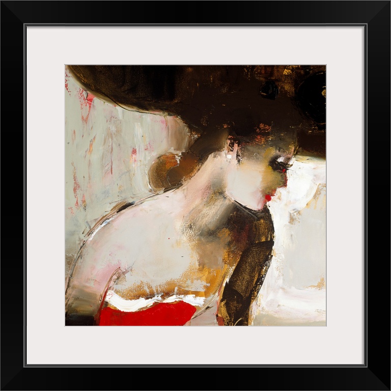 A contemporary square shaped painting of a woman created with unspecific shapes and brushstrokes.