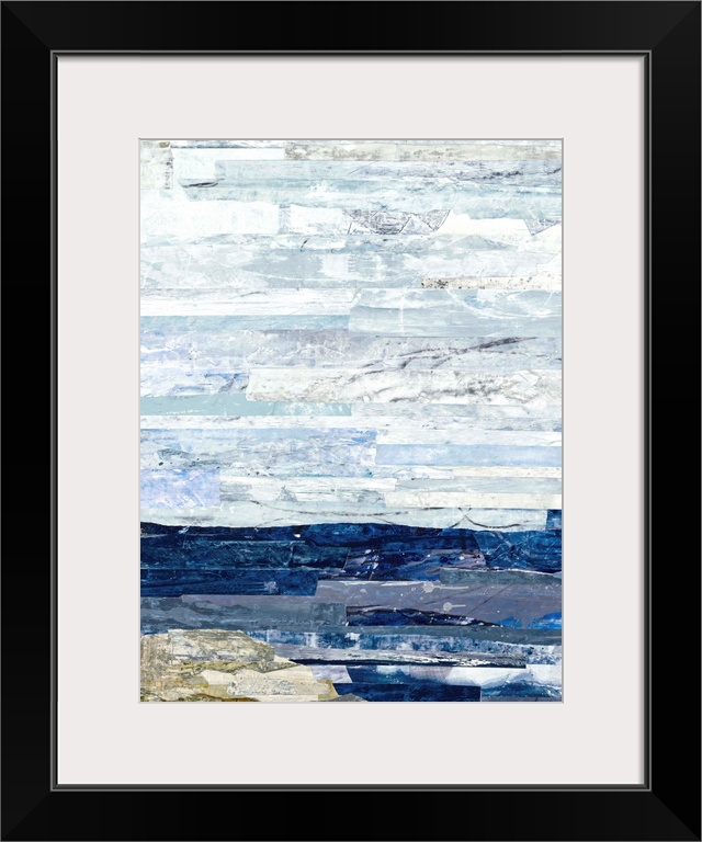Abstract art with strips of color pasted together to create a landscape with deep blue water, a neutral colored cliff, and...